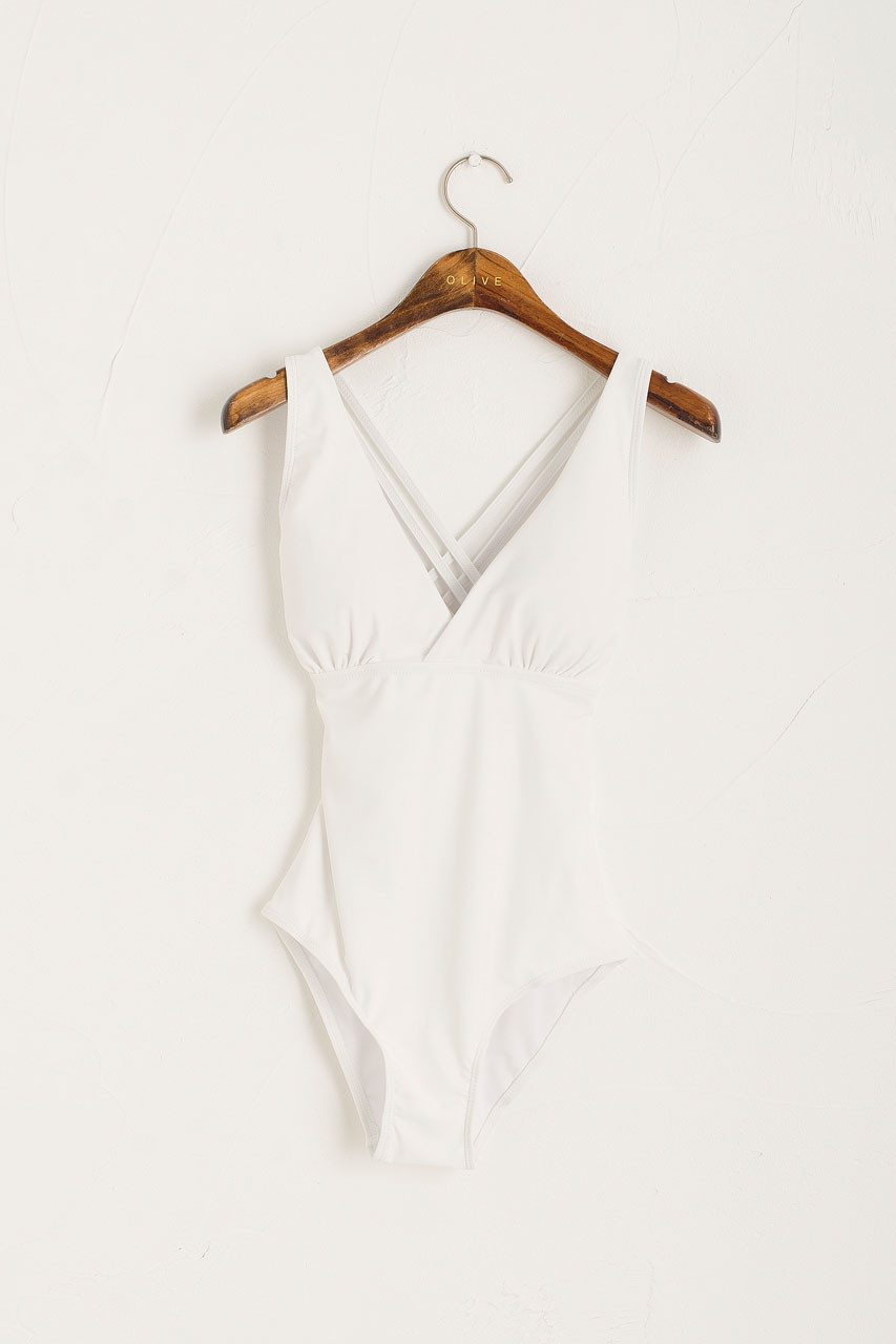 Deep V Neck Swimsuit, White