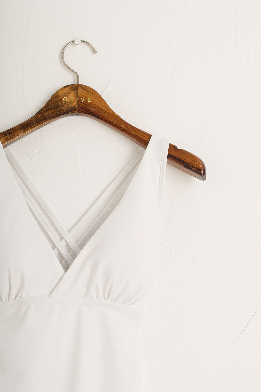 Deep V Neck Swimsuit, White