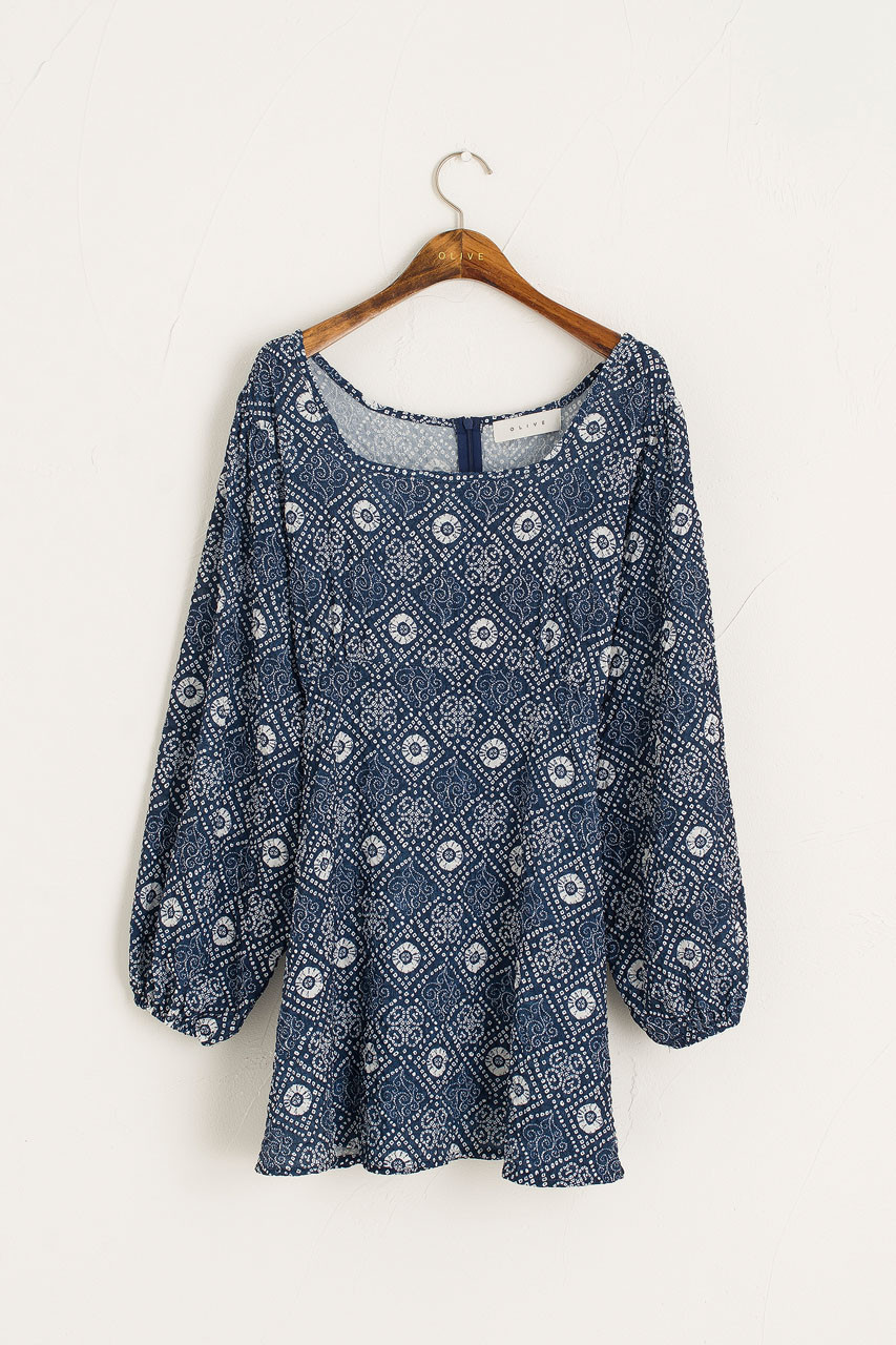Printed Mini Dress, Navy