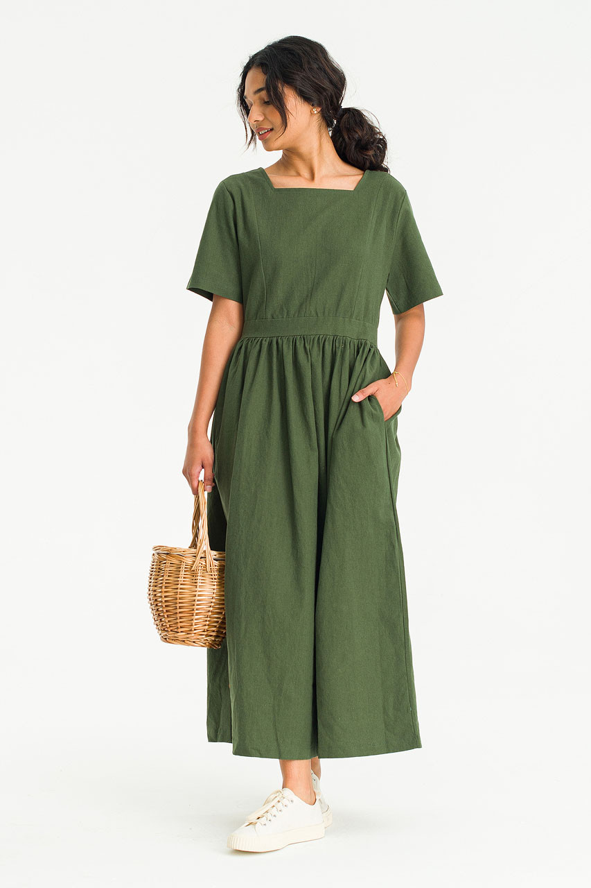 Square Neck Linen Dress, Green