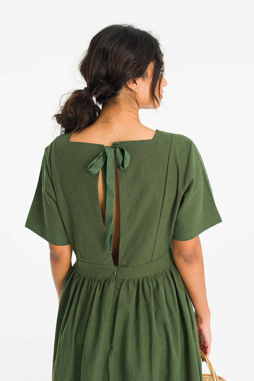 Square Neck Linen Dress, Green