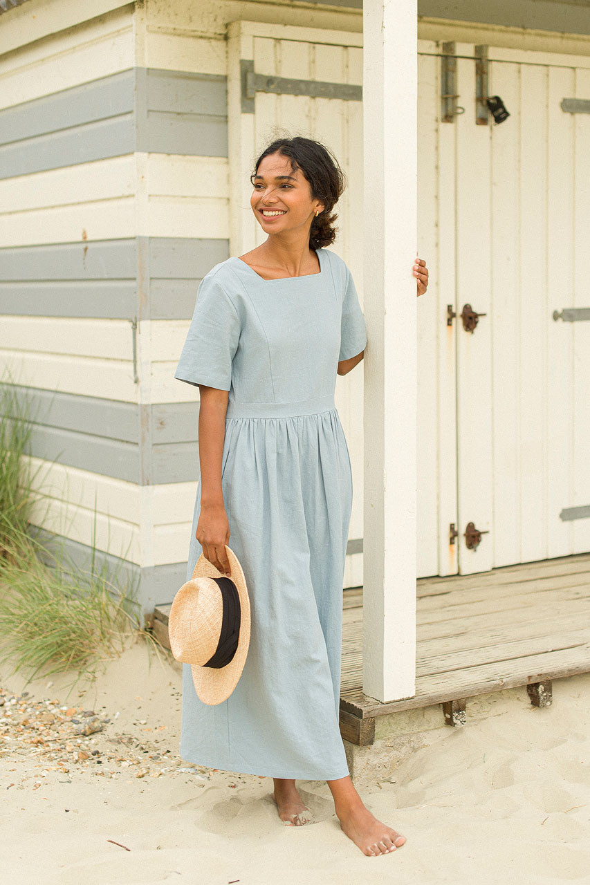 Square Neck Linen Dress, Blue