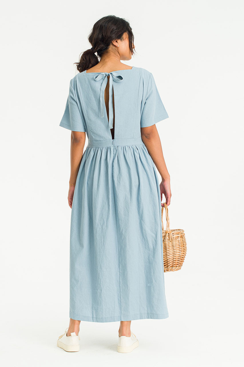 Square Neck Linen Dress, Blue