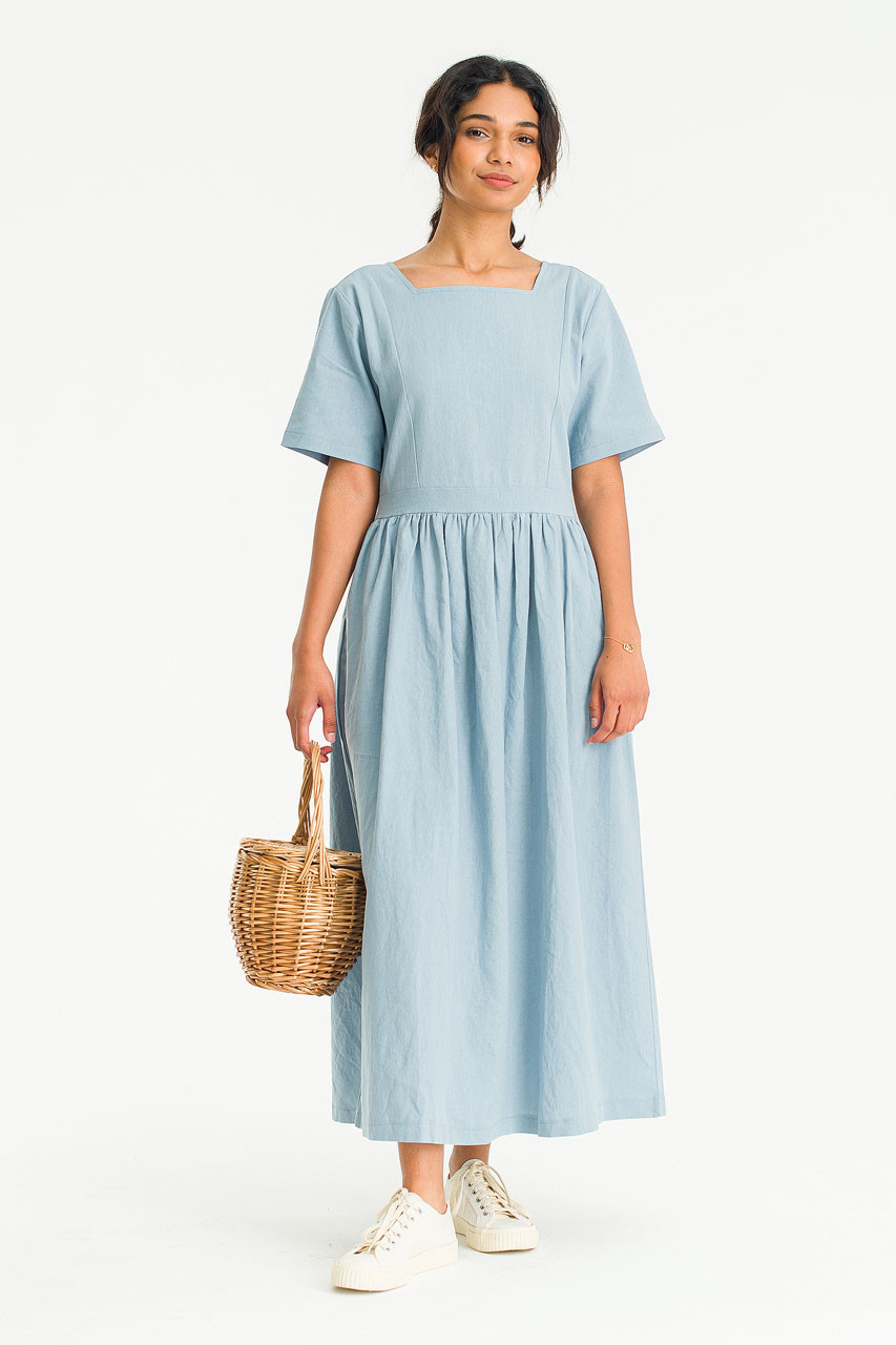Square Neck Linen Dress, Blue