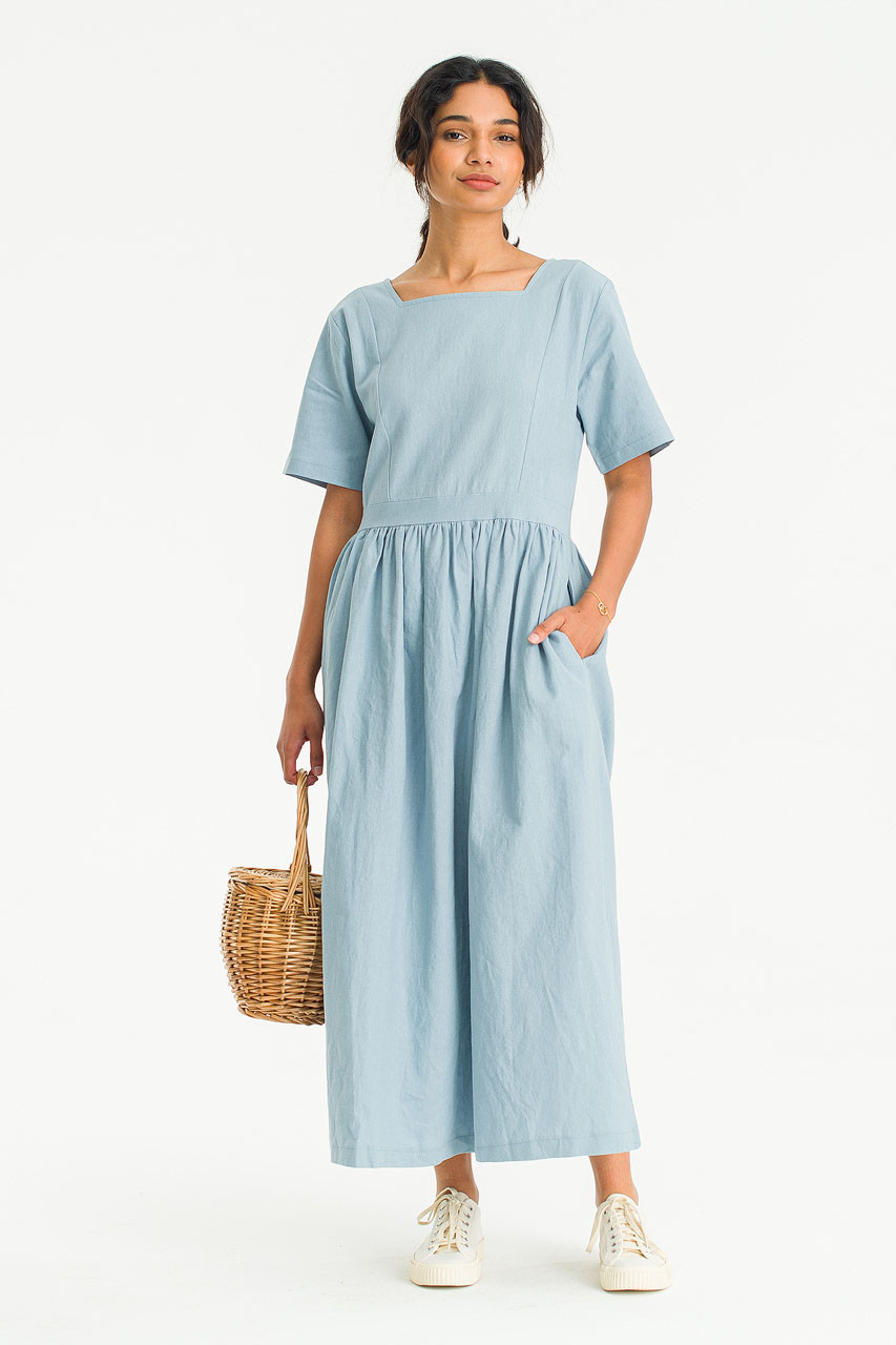 Square Neck Linen Dress, Blue