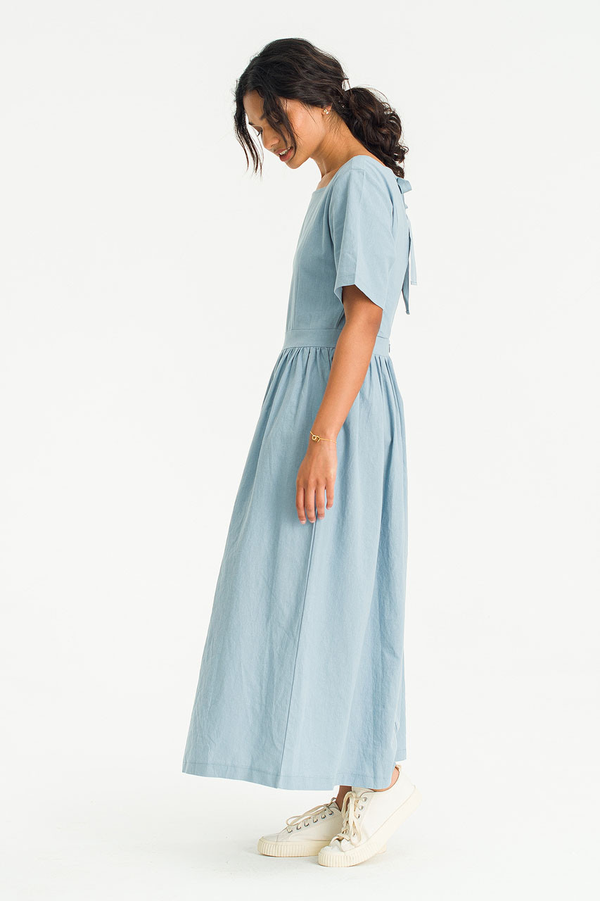 Square Neck Linen Dress, Blue