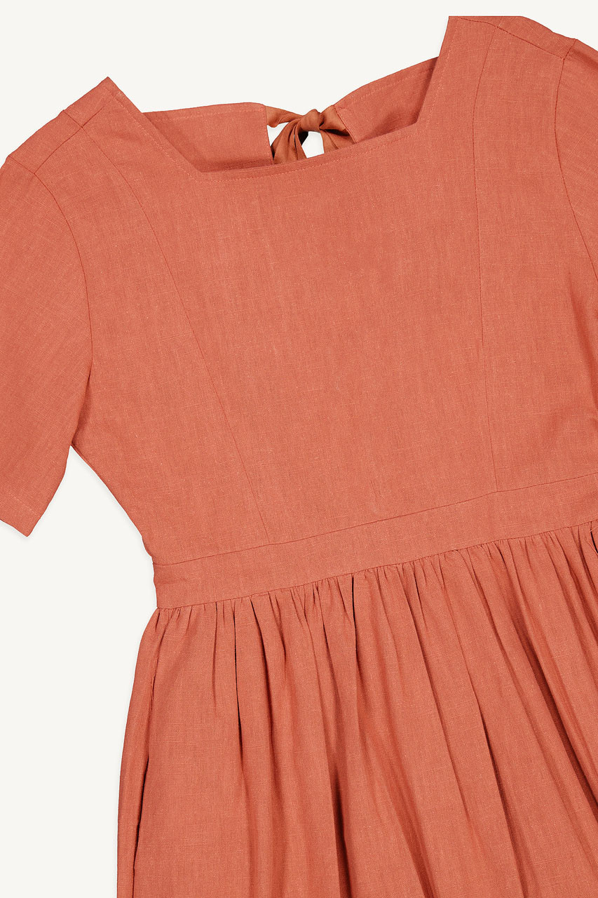 Square Neck Linen Dress, Brick
