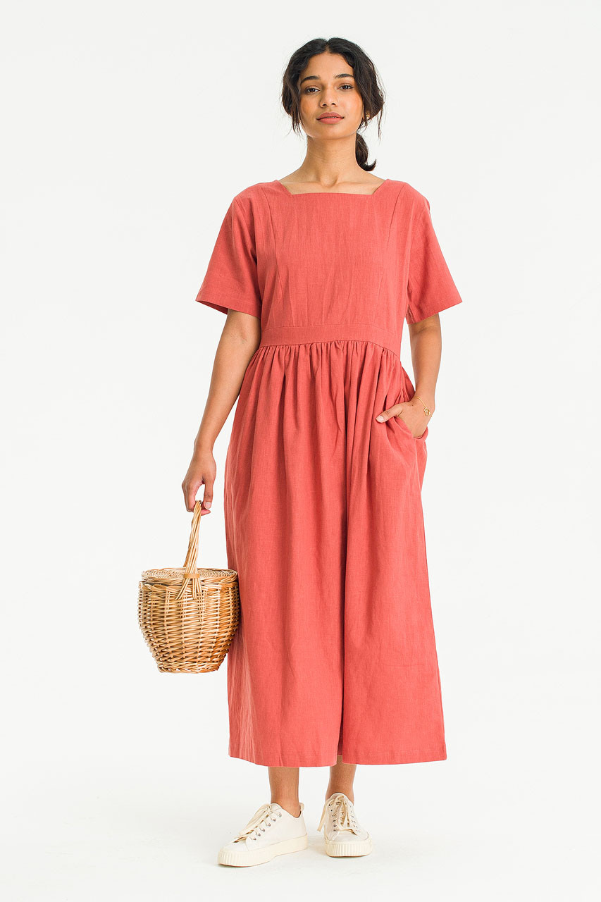 Square Neck Linen Dress, Brick