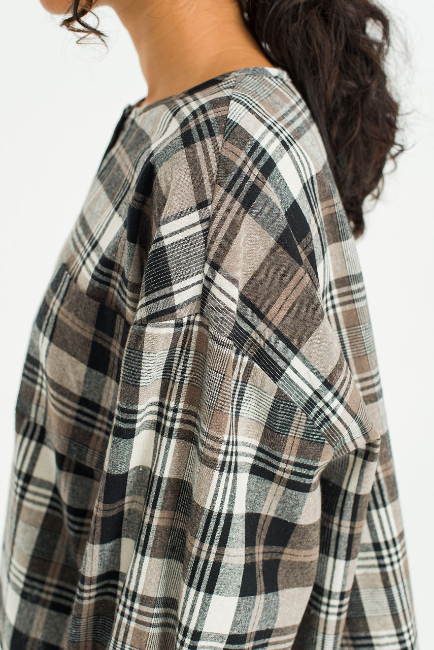 Large Check Over Size Short Shirt, Black
