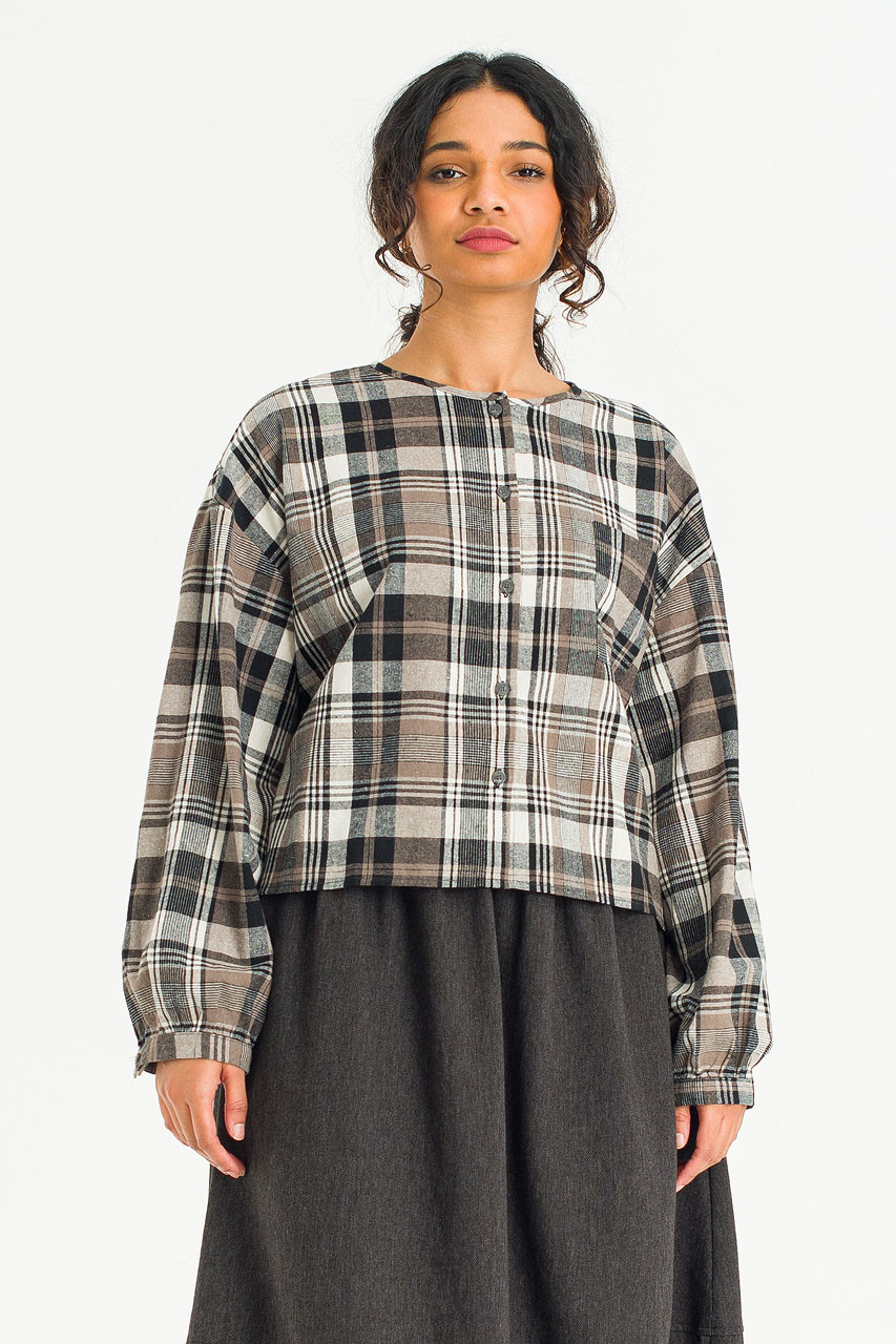 Large Check Over Size Short Shirt, Black