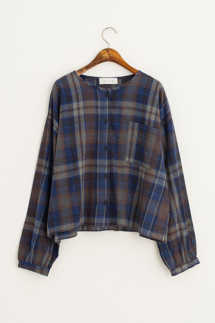 Large Check Over Size Short Shirt, Blue