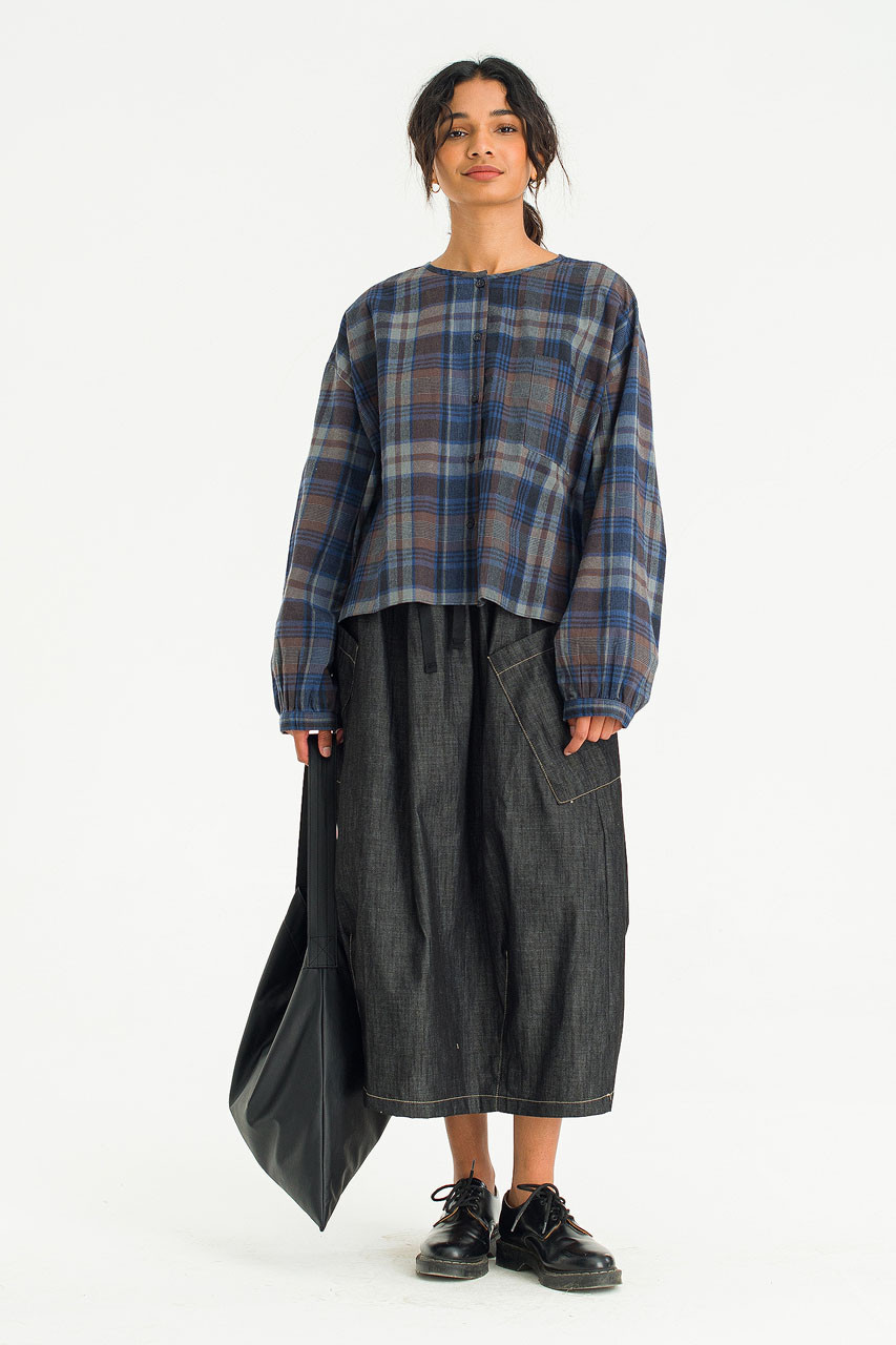 Large Check Over Size Short Shirt, Blue