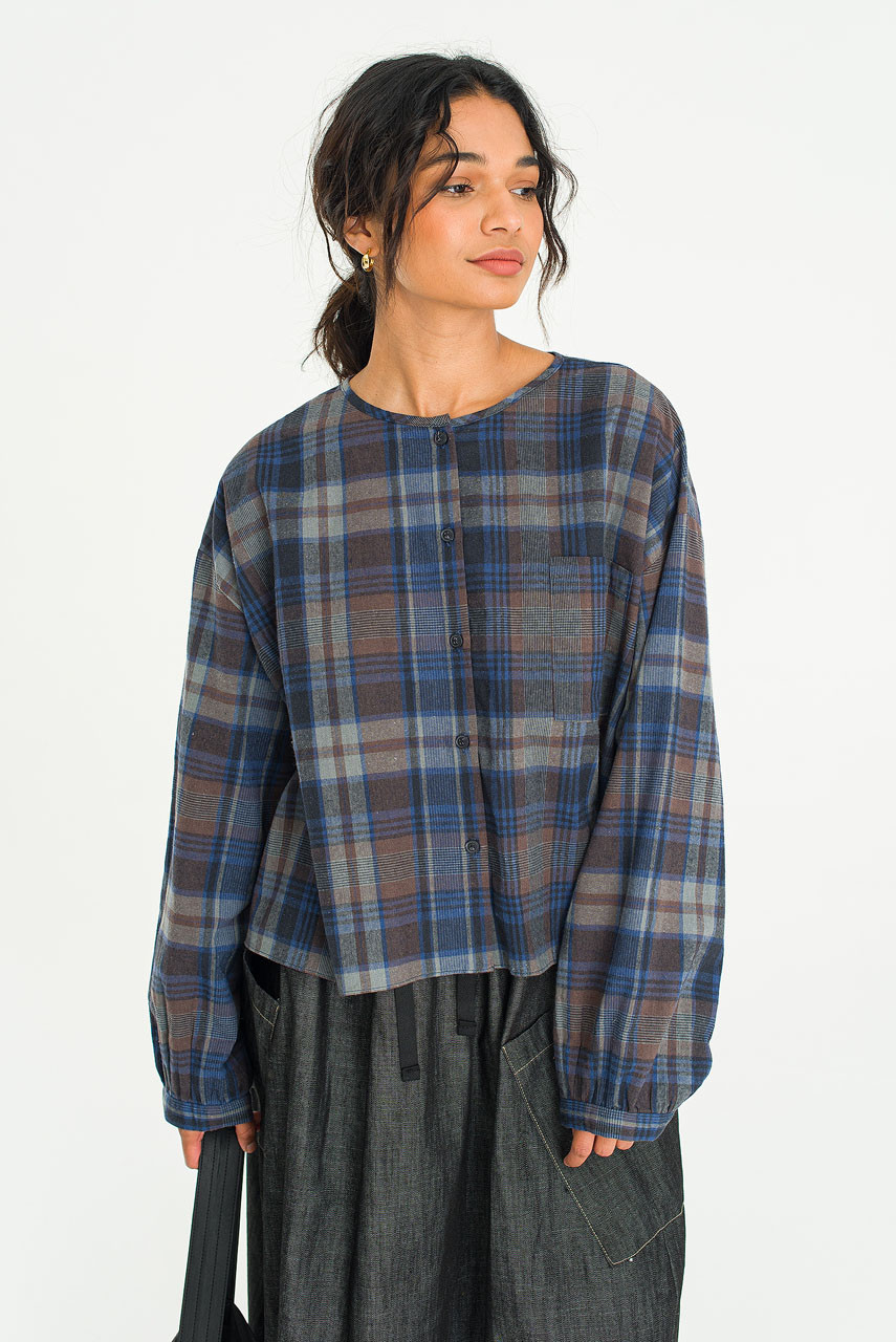 Large Check Over Size Short Shirt, Blue