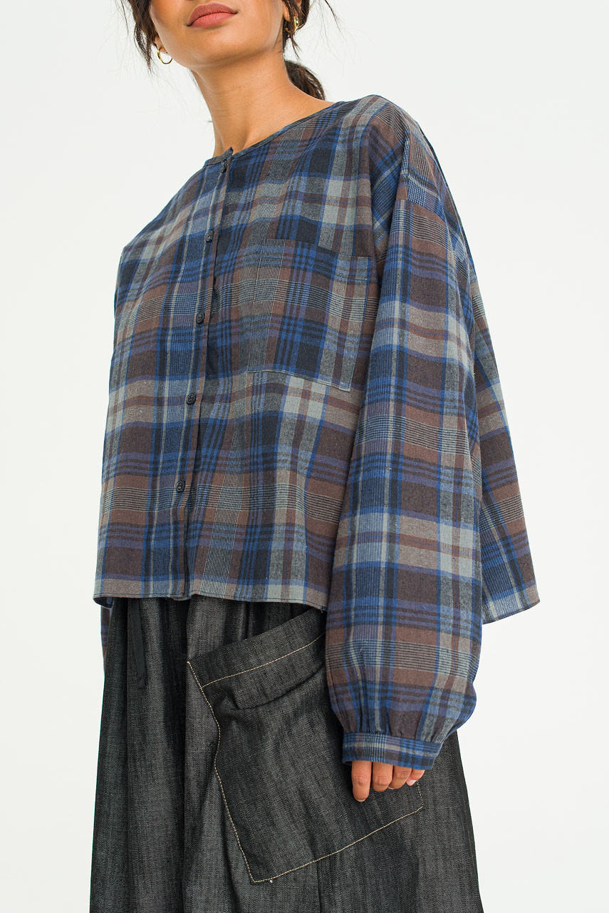 Large Check Over Size Short Shirt, Blue