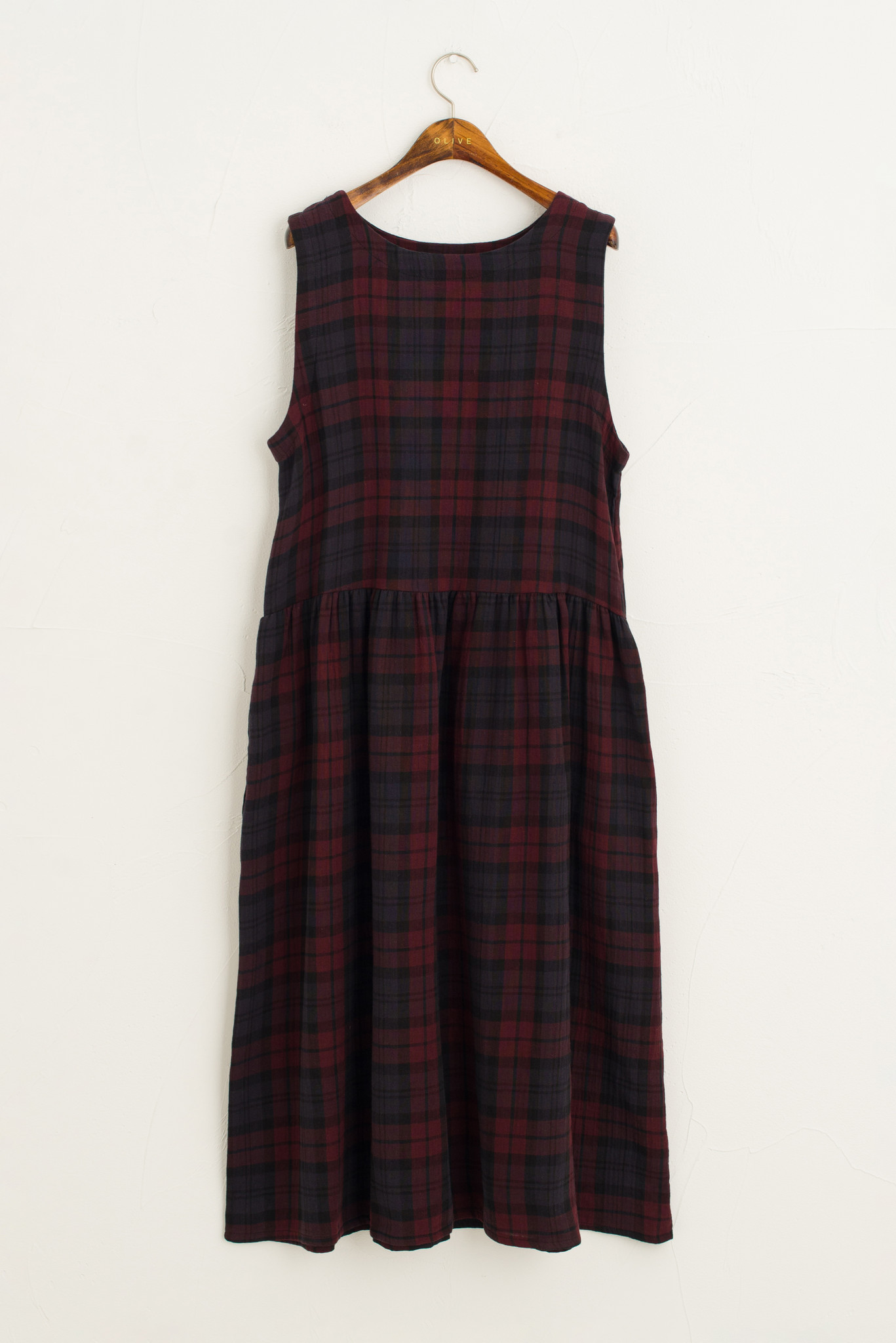 Double Faced Cotton Check Pinafore Dress, Burgundy