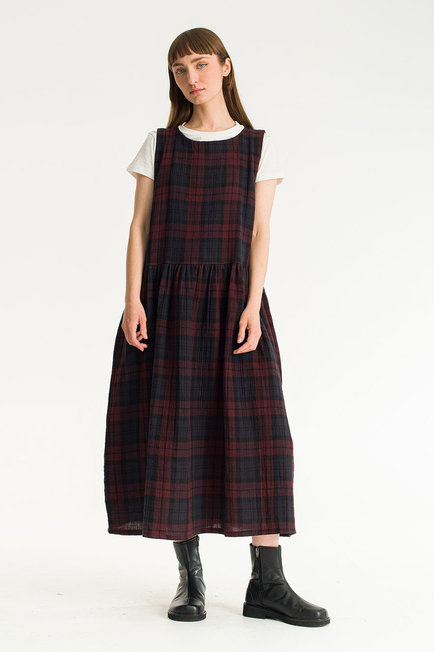 Double Faced Cotton Check Pinafore Dress, Burgundy