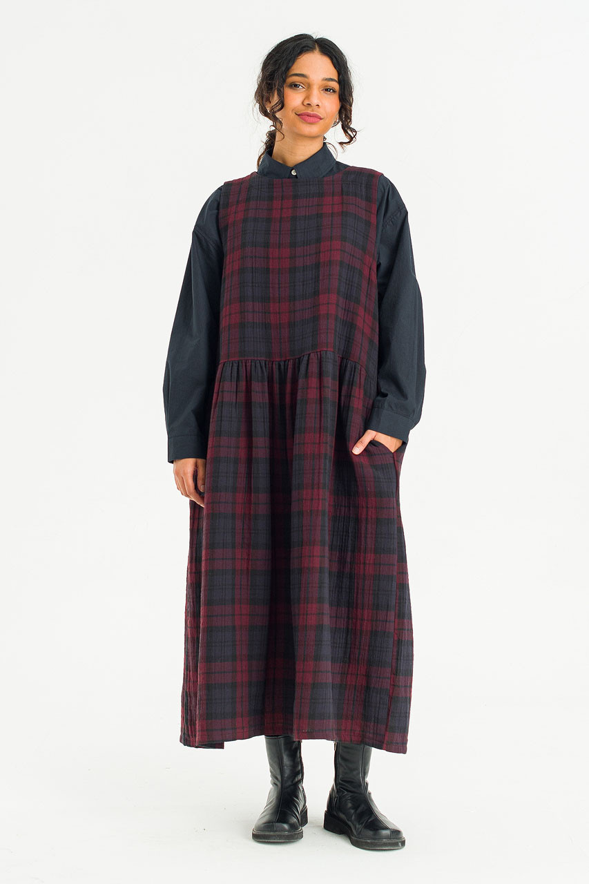 Double Faced Cotton Check Pinafore Dress, Burgundy