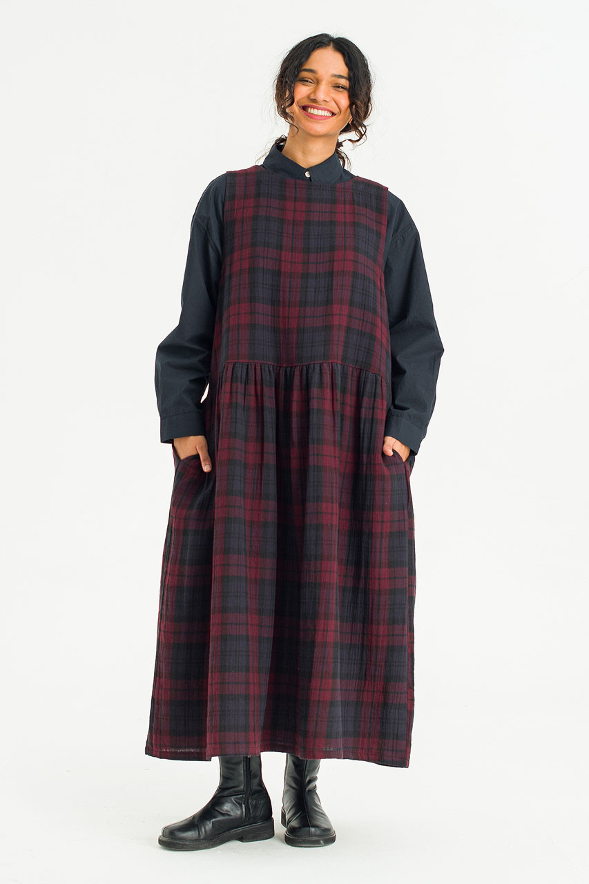 Double Faced Cotton Check Pinafore Dress, Burgundy