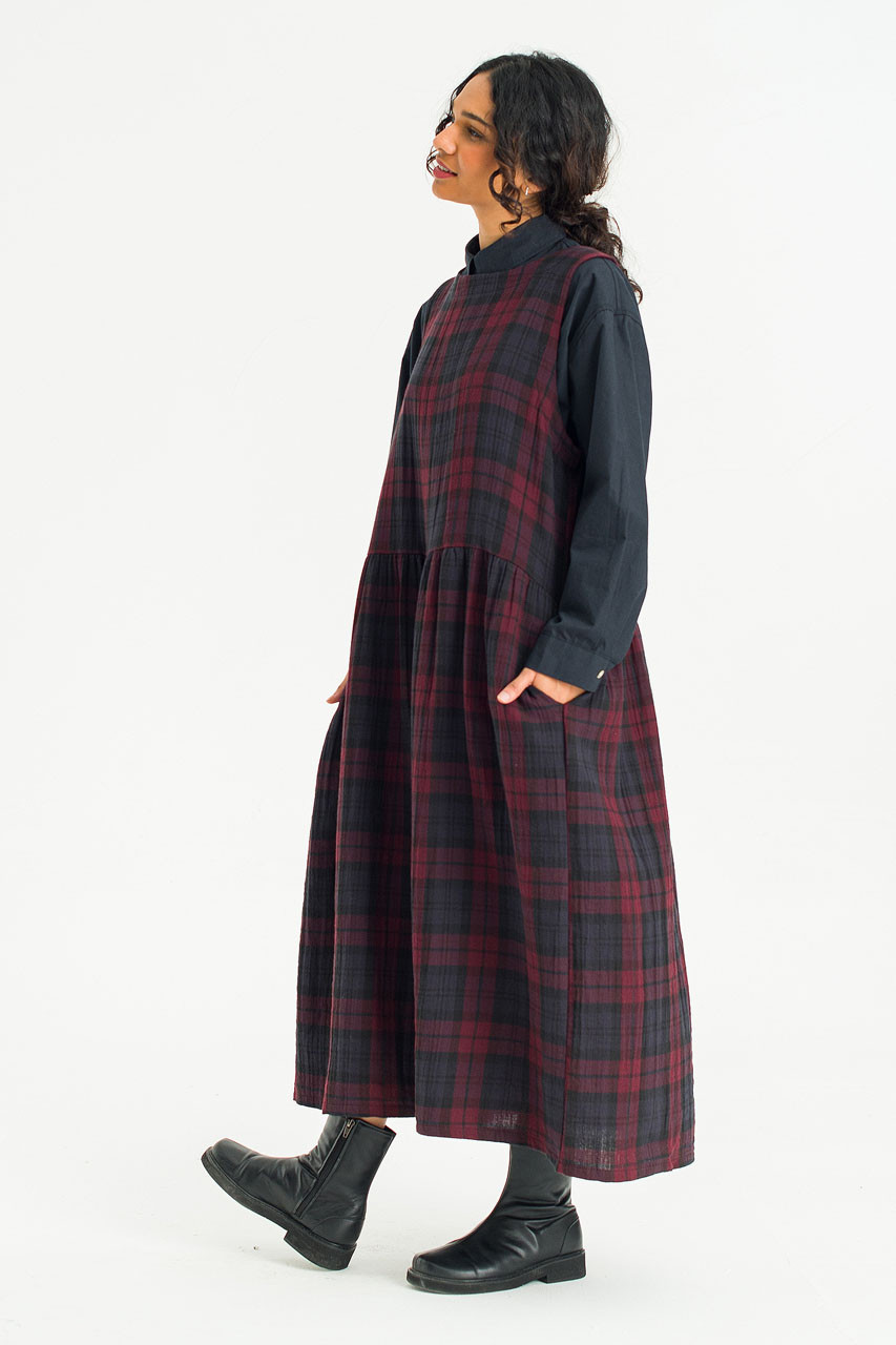 Double Faced Cotton Check Pinafore Dress, Burgundy