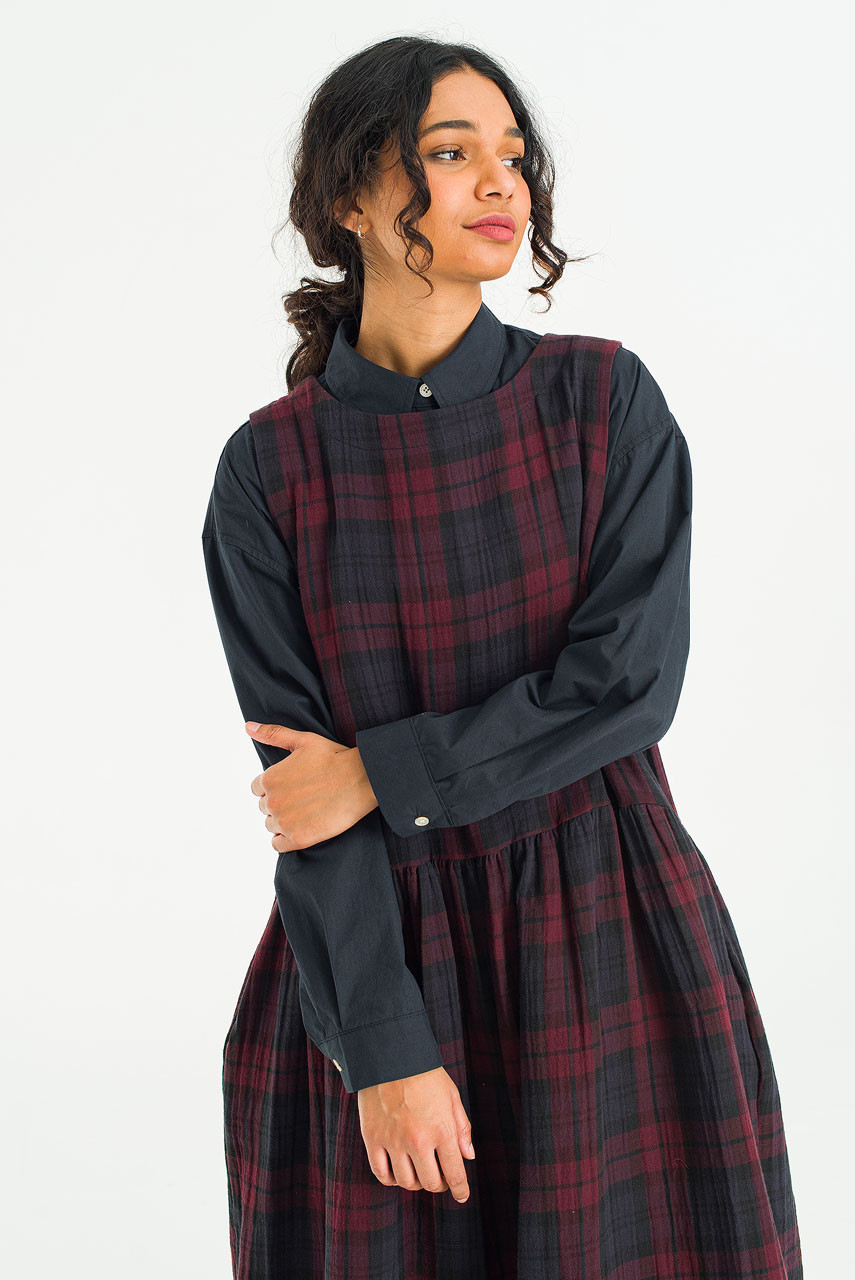 Double Faced Cotton Check Pinafore Dress, Burgundy