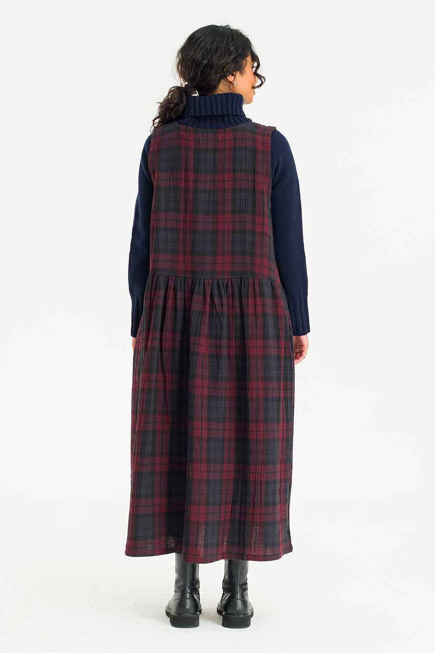 Double Faced Cotton Check Pinafore Dress, Burgundy