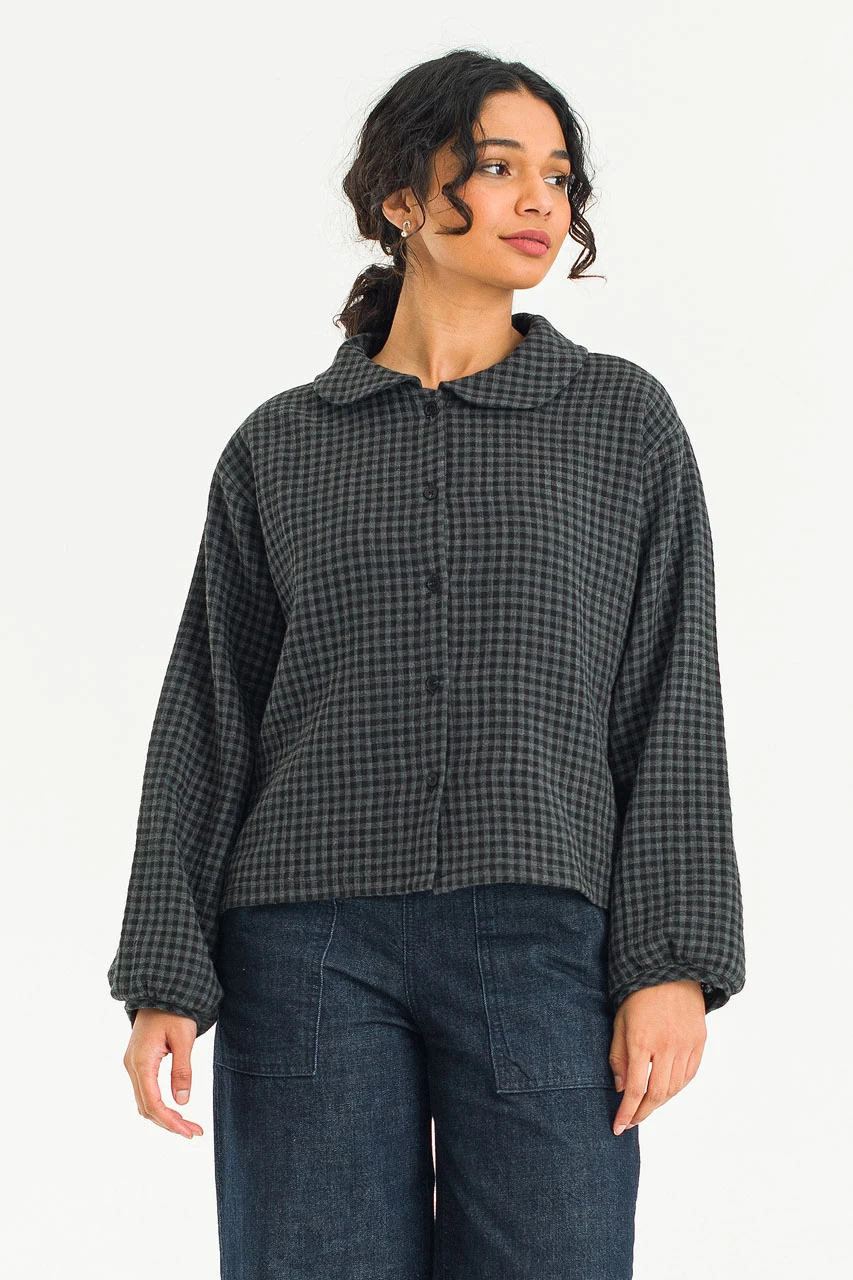 Hoya Peter Pan Collar Gingham Blouse, Charcoal
