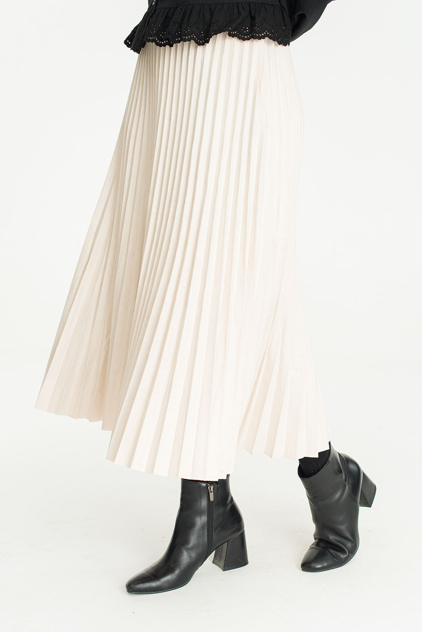 Moa Faux Suede Pleated Skirt, Ivory