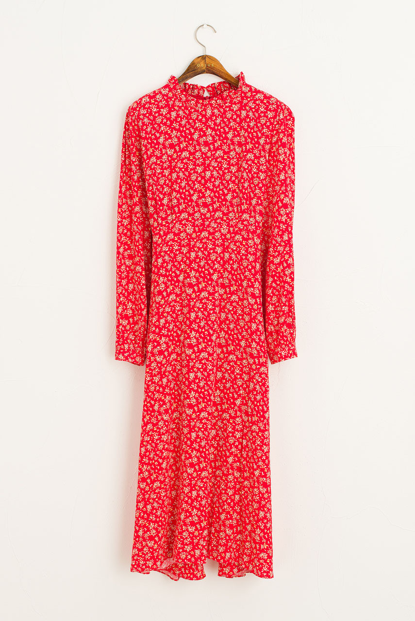 Frill Neck Long Dress, Red