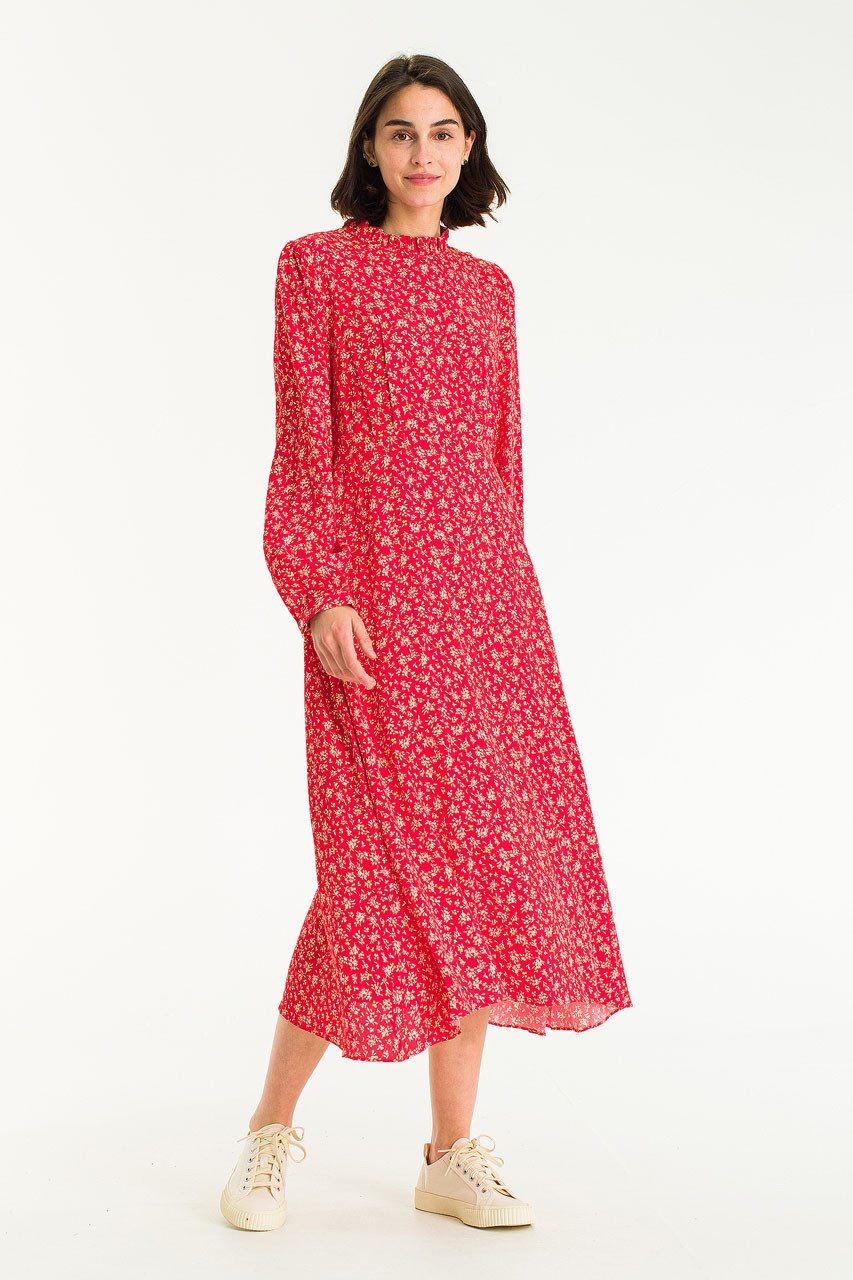 Frill Neck Long Dress, Red