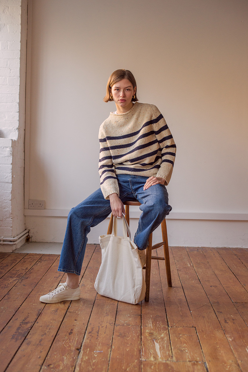 Stripe Boucle Boat Neck Jumper, Ivory/Navy