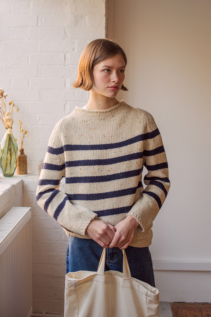 Stripe Boucle Boat Neck Jumper, Ivory/Navy