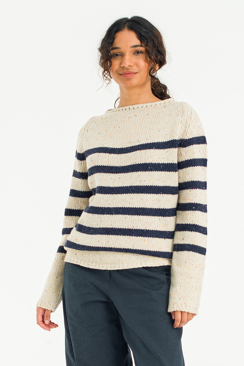 Stripe Boucle Boat Neck Jumper, Ivory/Navy