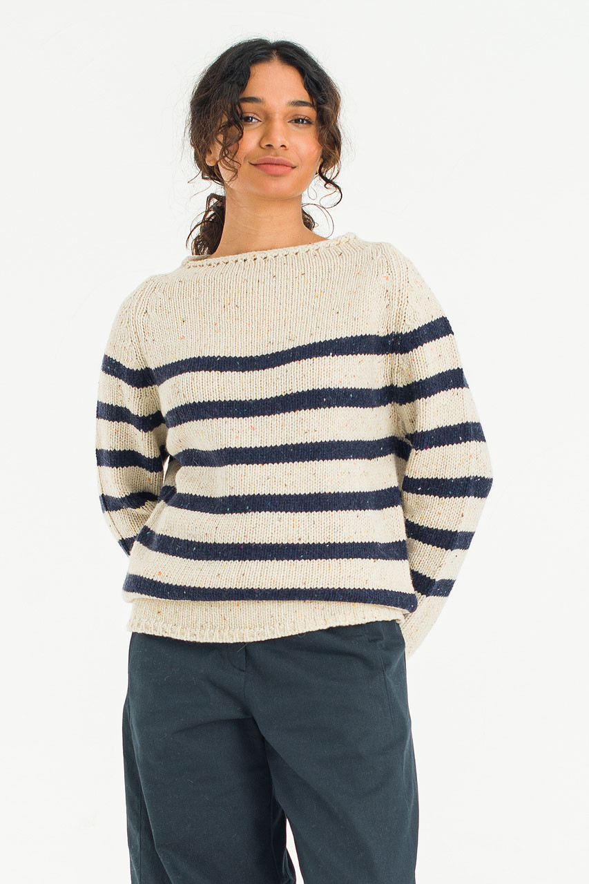 Stripe Boucle Boat Neck Jumper, Ivory/Navy