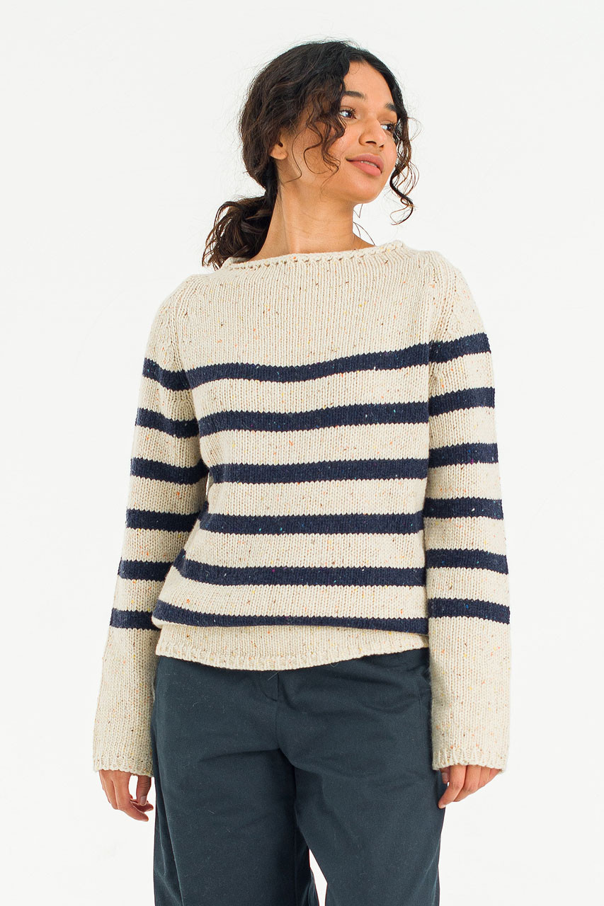 Stripe Boucle Boat Neck Jumper, Ivory/Navy