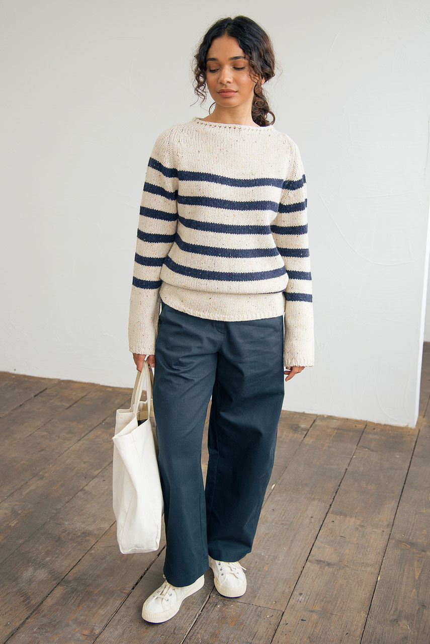 Stripe Boucle Boat Neck Jumper, Ivory/Navy