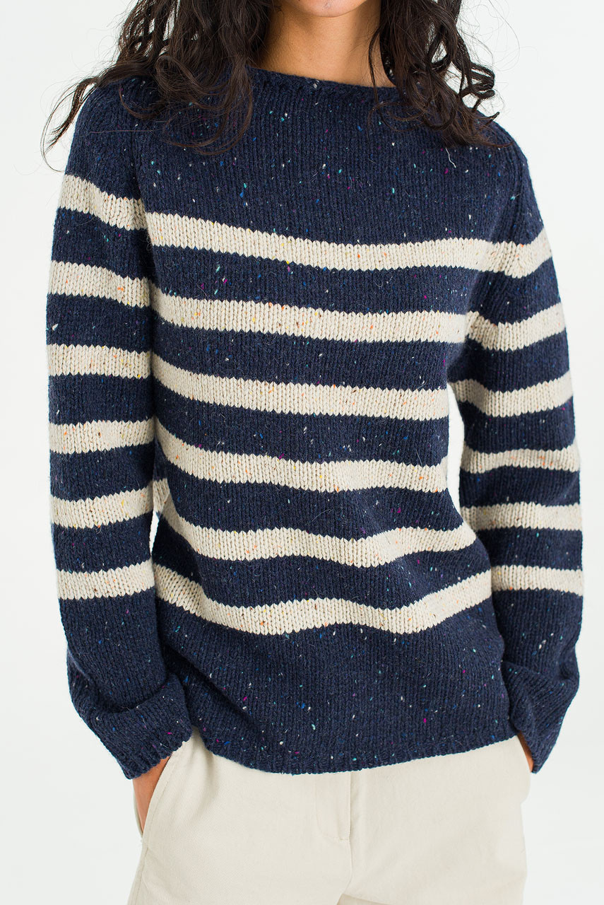 Stripe Boucle Boat Neck Jumper, Navy/Ivory