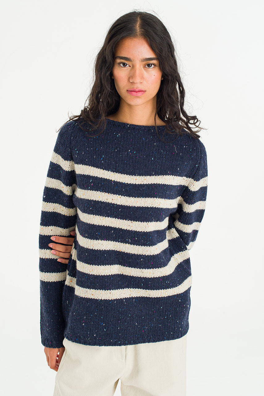 Stripe Boucle Boat Neck Jumper, Navy/Ivory