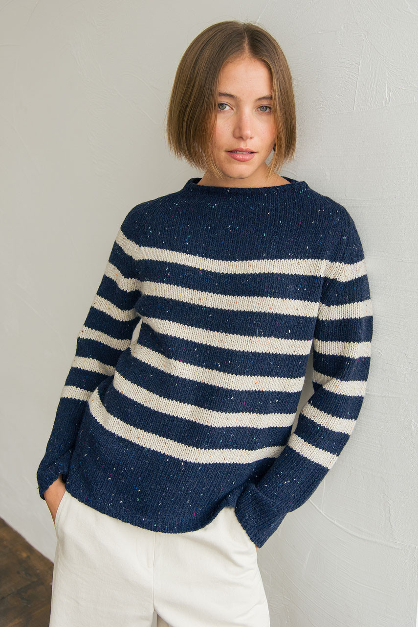 Stripe Boucle Boat Neck Jumper, Navy/Ivory