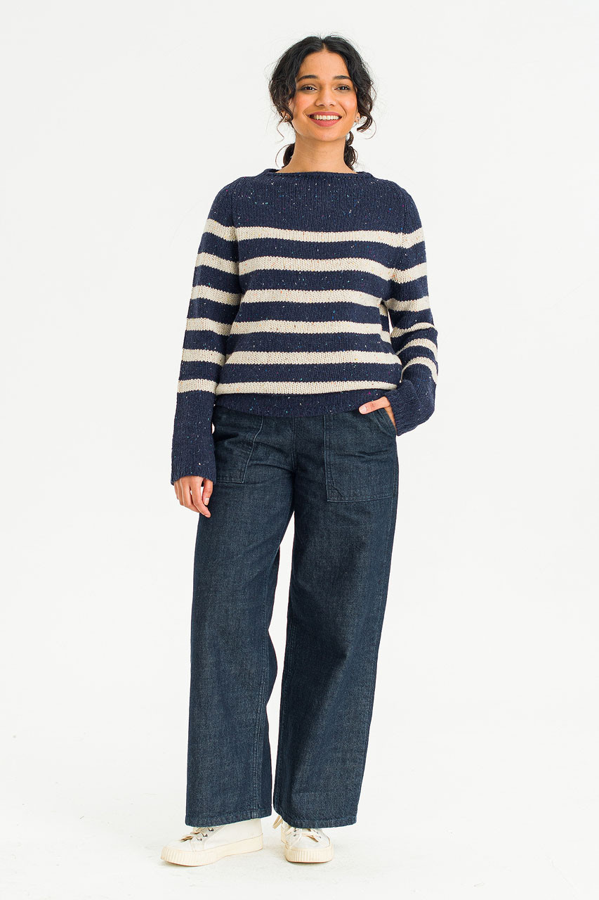 Stripe Boucle Boat Neck Jumper, Navy/Ivory