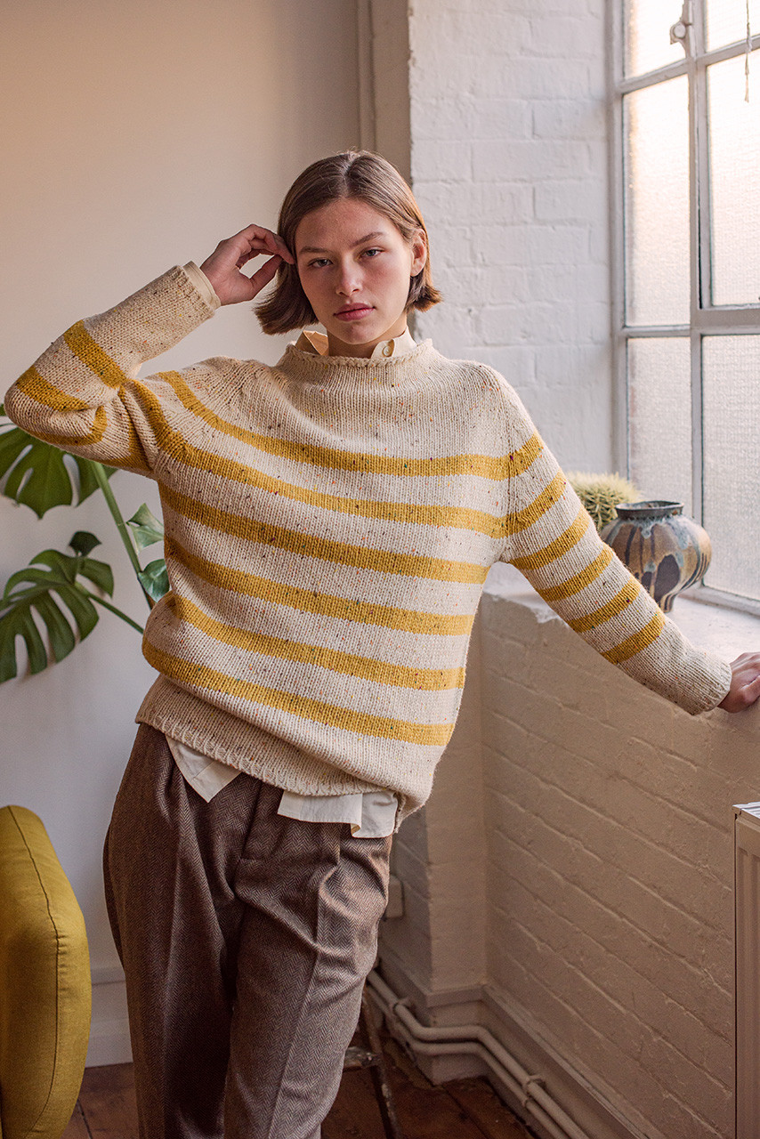 Stripe Boucle Boat Neck Jumper, Ivory/Mustard