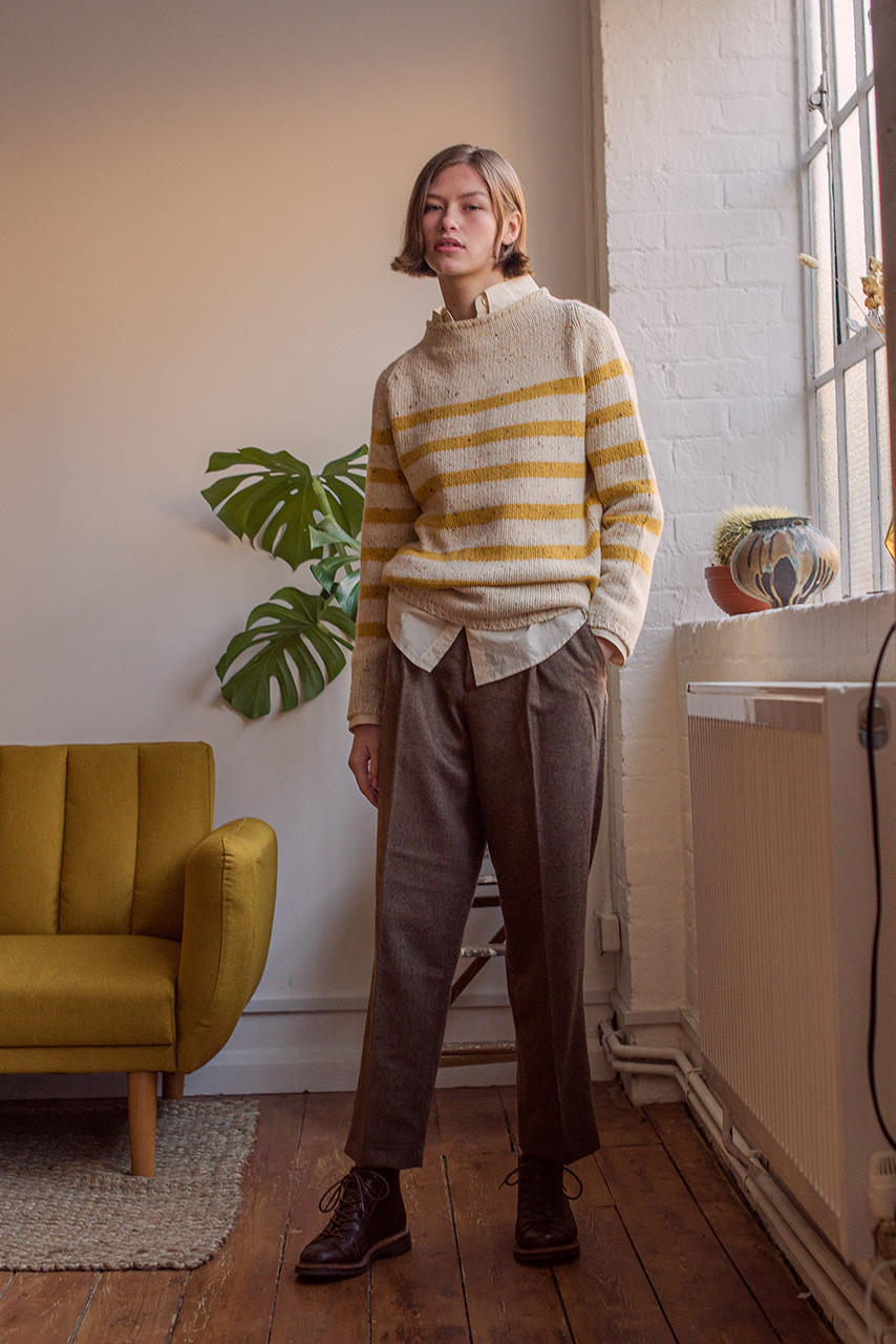 Stripe Boucle Boat Neck Jumper, Ivory/Mustard