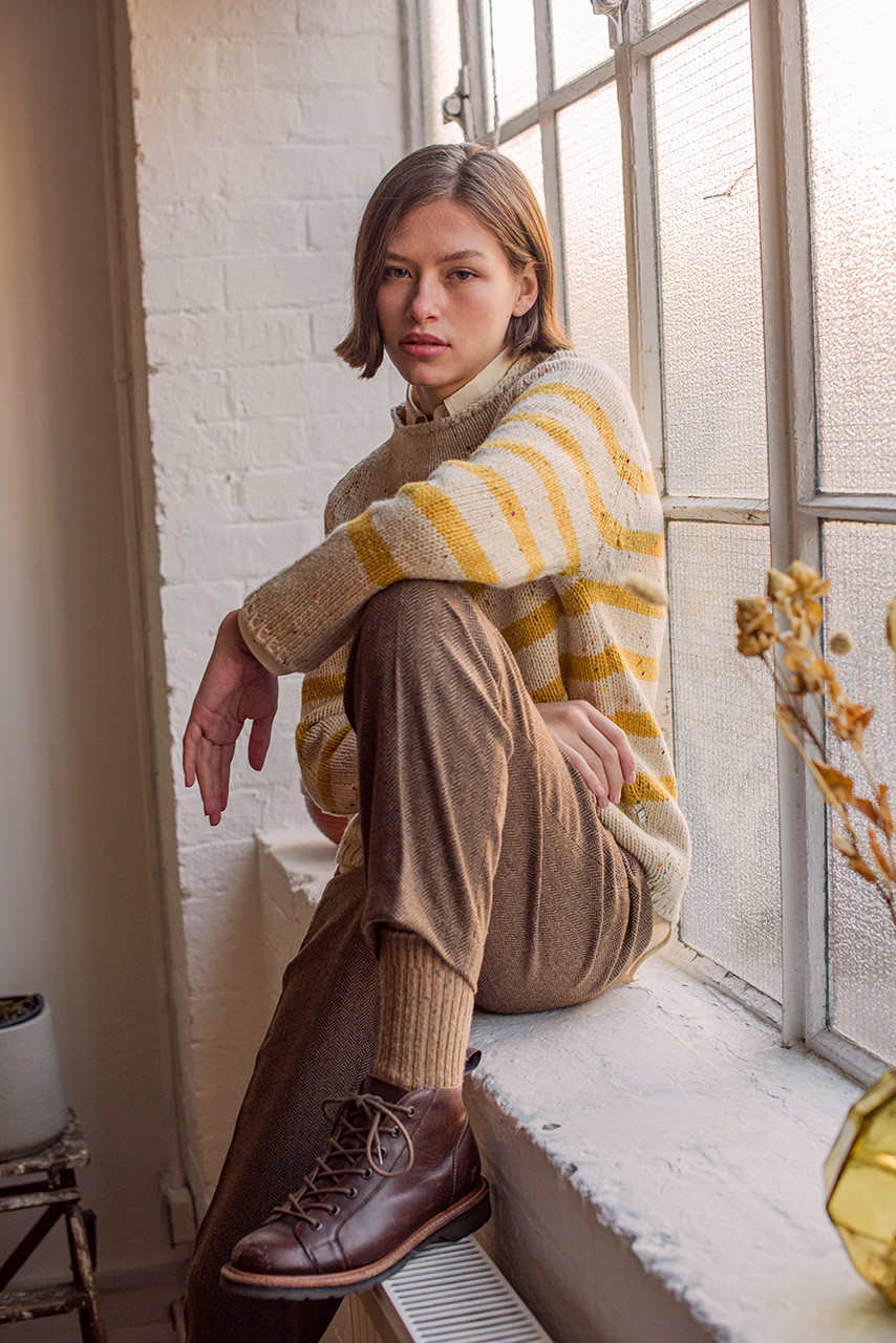 Stripe Boucle Boat Neck Jumper, Ivory/Mustard