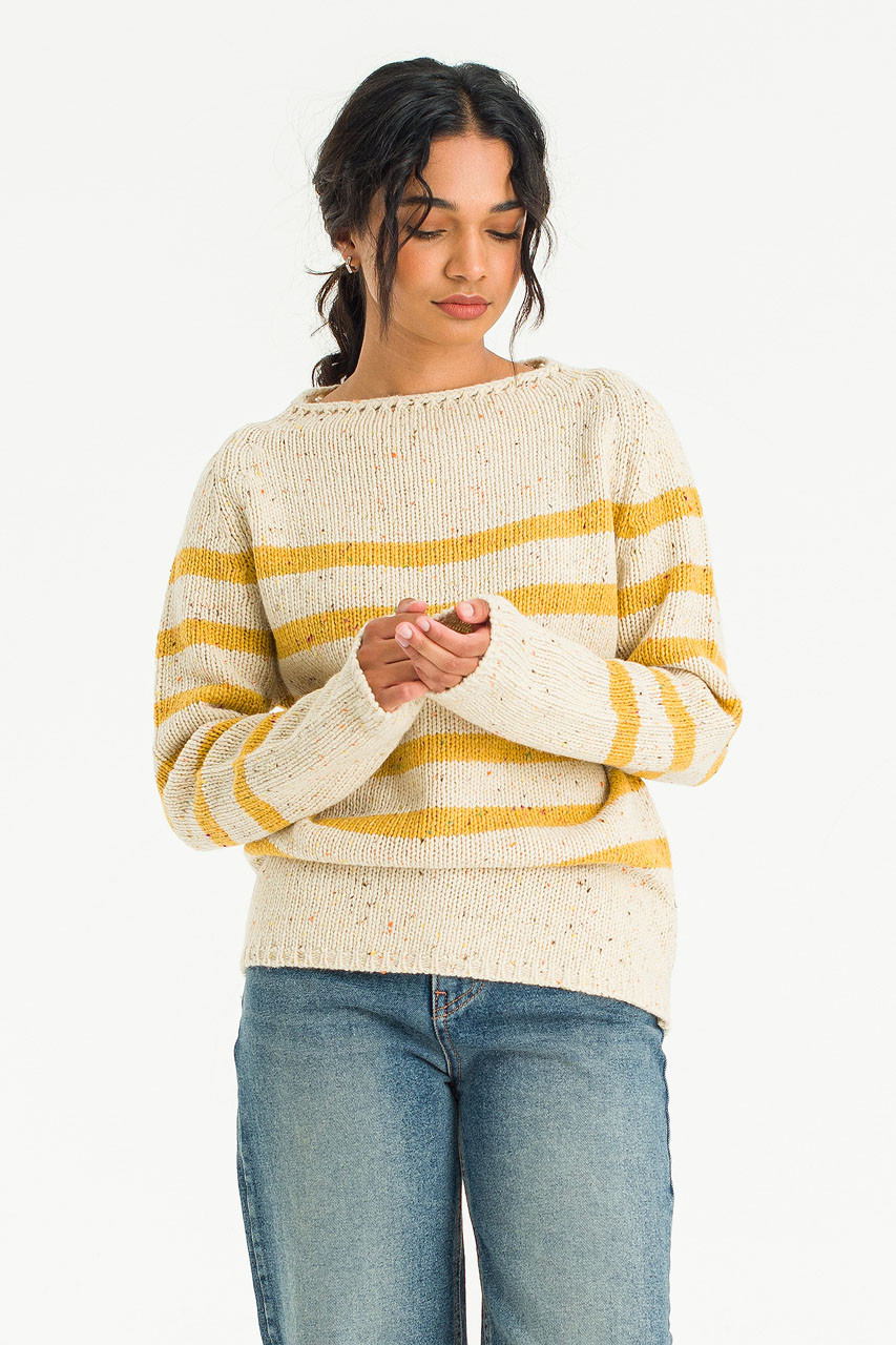 Stripe Boucle Boat Neck Jumper, Ivory/Mustard 