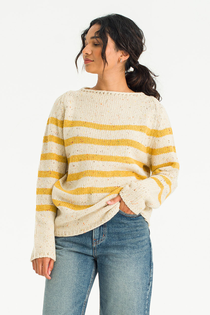 Stripe Boucle Boat Neck Jumper, Ivory/Mustard