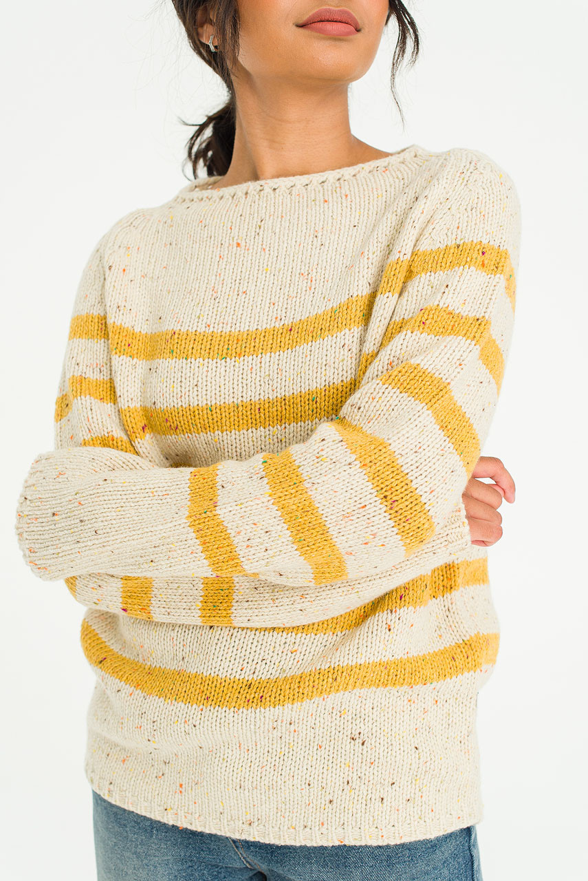 Stripe Boucle Boat Neck Jumper, Ivory/Mustard