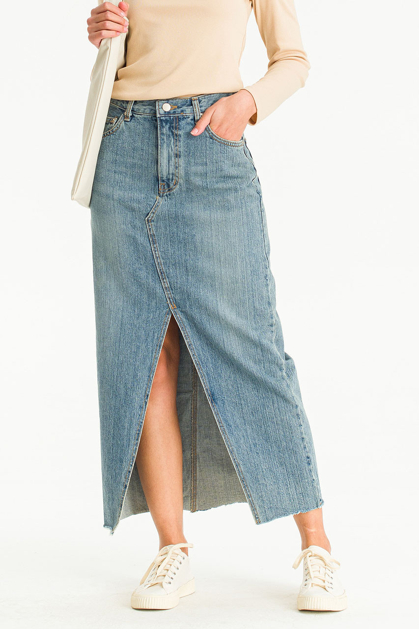 Slit Mid Length Denim Skirt, Blue