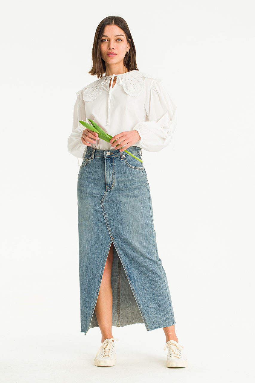 Slit Mid Length Denim Skirt, Blue