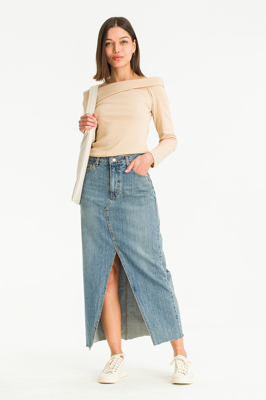 Slit Mid Length Denim Skirt, Blue