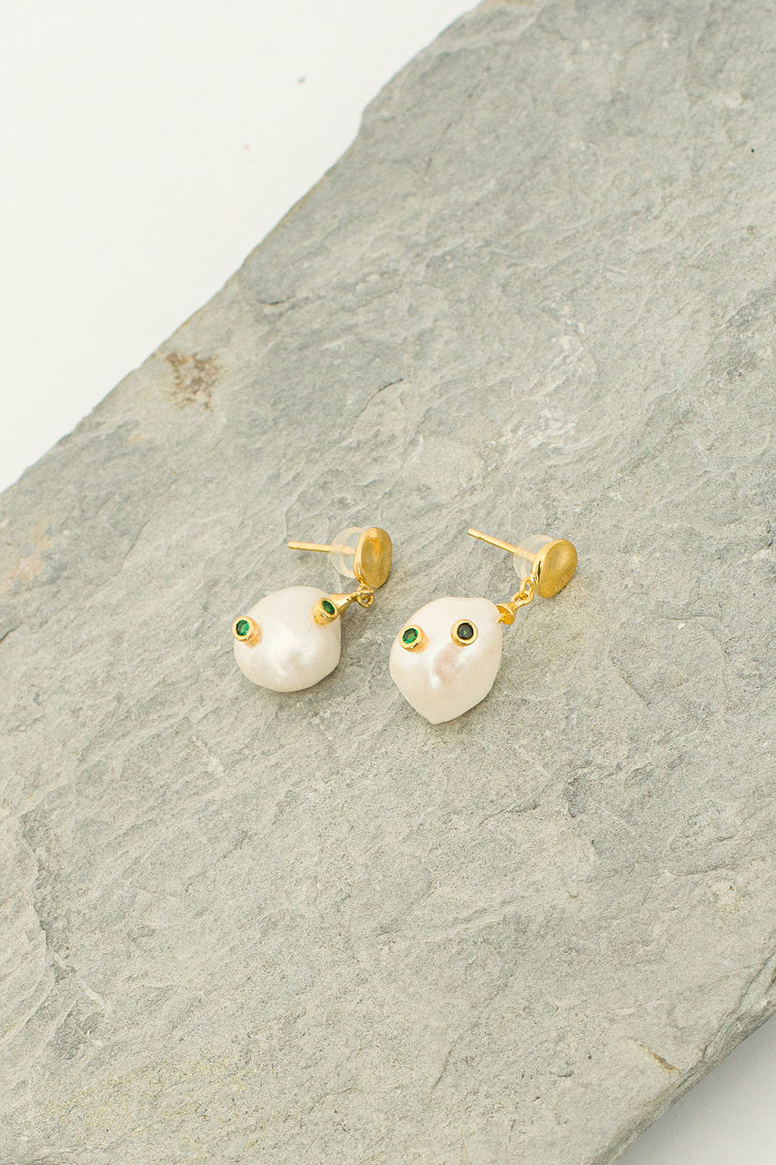 Jacqueline Pearl Drop Emerald Earrings, 14K Gold Plated