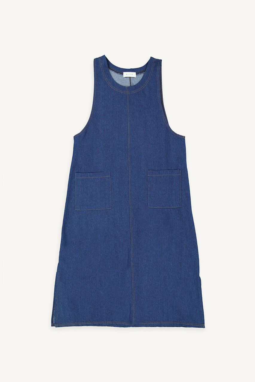 Tomo Denim Apron Dress, Mid Blue